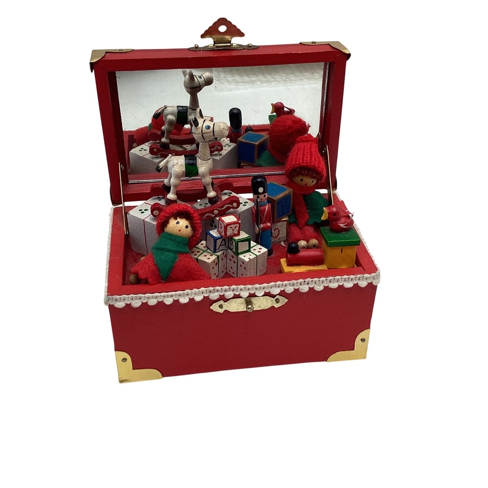 Vintage Christmas Toy Shop Musical Jewelry Box Red Wood Trunk Rocking Horse